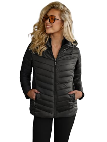 OZONEE Damen Übergangsjacke Regenjacke Jacke Übergang Jacken Herbst Bomberjacke Stehkragen Kapuze Steppjacke Kapuzenjacke Leichte Outdoor Puffer Jacket Gepolstert 777/5148K/392 SCHWARZ XL von OZONEE