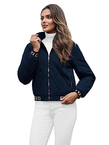 OZONEE Damen Übergangsjacke Regenjacke Jacke Übergang Jacken Herbst Bomberjacke Stehkragen Kapuze Steppjacke Kapuzenjacke Leichte Outdoor Puffer Jacket Gepolstert 777/5153K/215 DUNKELBLAU XL von OZONEE