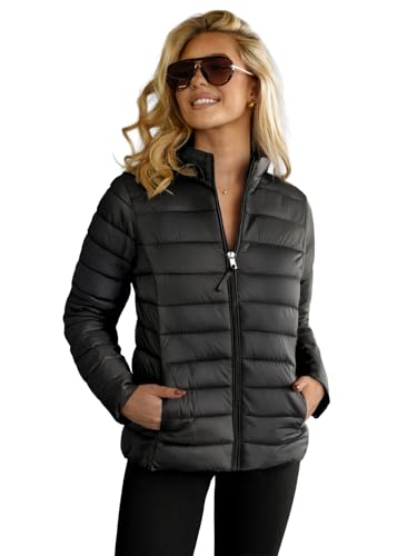 OZONEE Damen Übergangsjacke Regenjacke Jacke Übergang Jacken Herbst Bomberjacke Stehkragen Kapuze Steppjacke Kapuzenjacke Leichte Outdoor Puffer Jacket Gepolstert 777/5218K SCHWARZ S von OZONEE