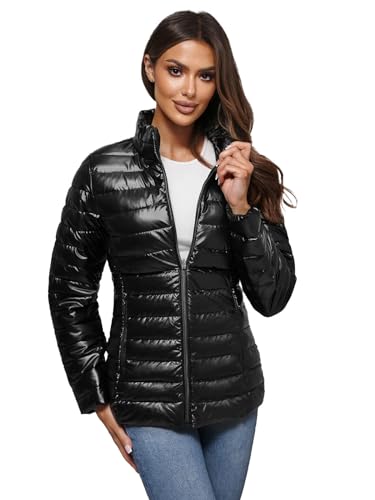 OZONEE Damen Übergangsjacke Regenjacke Jacke Übergang Jacken Herbst Bomberjacke Stehkragen Kapuze Steppjacke Kapuzenjacke Leichte Outdoor Puffer Jacket Gepolstert 777/5625K/392 SCHWARZ L von OZONEE