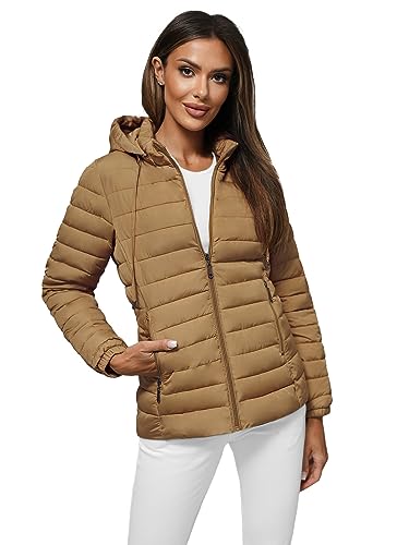 OZONEE Damen Übergangsjacke Regenjacke Jacke Übergang Jacken Herbst Bomberjacke Stehkragen Kapuze Steppjacke Kapuzenjacke Leichte Outdoor Puffer Jacket Gepolstert 777/6056K/84 DUNKELBEIGE S von OZONEE