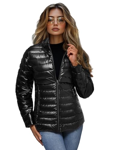 OZONEE Damen Übergangsjacke Regenjacke Jacke Übergang Jacken Herbst Bomberjacke Stehkragen Kapuze Steppjacke Kapuzenjacke Leichte Outdoor Puffer Jacket Gepolstert 777/6403K/392 SCHWARZ S von OZONEE