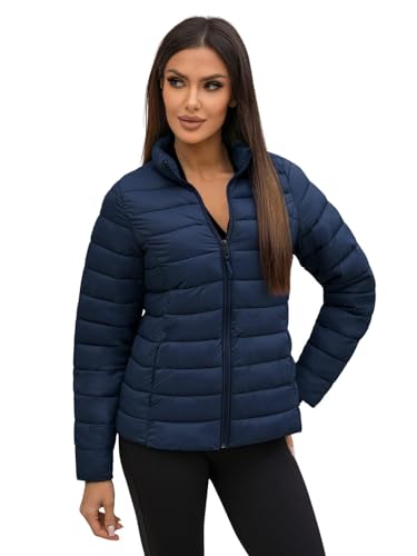 OZONEE Damen Übergangsjacke Regenjacke Jacke Übergang Jacken Herbst Bomberjacke Stehkragen Kapuze Steppjacke Kapuzenjacke Leichte Outdoor Puffer Jacket Gepolstert 777/6423K DUNKELBLAU S von OZONEE