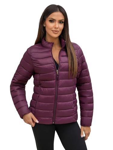 OZONEE Damen Übergangsjacke Regenjacke Jacke Übergang Jacken Herbst Bomberjacke Stehkragen Kapuze Steppjacke Kapuzenjacke Leichte Outdoor Puffer Jacket Gepolstert 777/6423K WEINROT S von OZONEE
