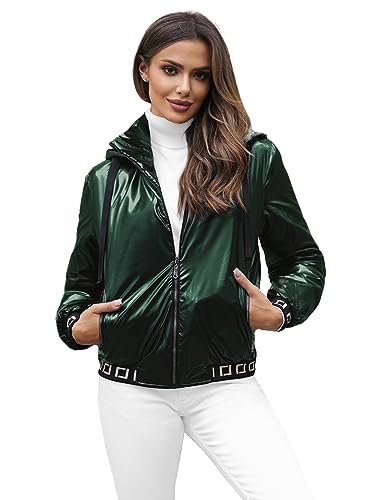 OZONEE Damen Übergangsjacke Regenjacke Jacke Übergang Jacken Herbst Bomberjacke Stehkragen Kapuze Steppjacke Kapuzenjacke Leichte Outdoor Puffer Jacket Gepolstert 777/6915K/136 DUNKELGRÜN S von OZONEE