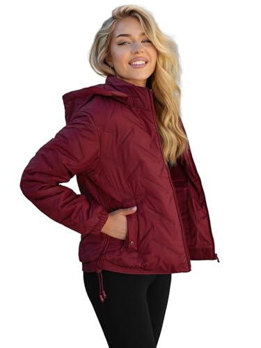 OZONEE Damen Übergangsjacke Regenjacke Jacke Übergang Jacken Herbst Bomberjacke Stehkragen Kapuze Steppjacke Kapuzenjacke Leichte Outdoor Puffer Jacket Gepolstert 777/8267K/06 BURGUND L von OZONEE
