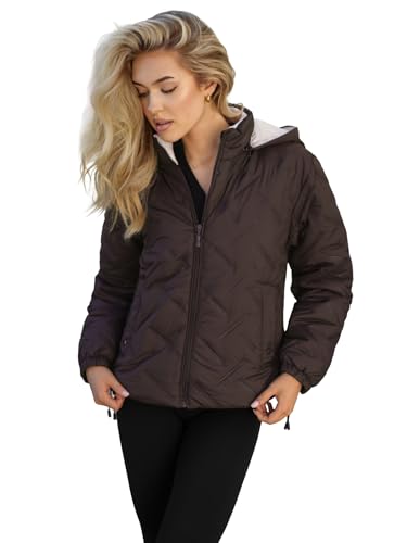 OZONEE Damen Übergangsjacke Regenjacke Jacke Übergang Jacken Herbst Bomberjacke Stehkragen Kapuze Steppjacke Kapuzenjacke Leichte Outdoor Puffer Jacket Gepolstert 777/8267K/158 SCHOKOLADE L von OZONEE