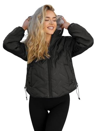 OZONEE Damen Übergangsjacke Regenjacke Jacke Übergang Jacken Herbst Bomberjacke Stehkragen Kapuze Steppjacke Kapuzenjacke Leichte Outdoor Puffer Jacket Gepolstert 777/8267K/392B SCHWARZ-BEIGE S von OZONEE