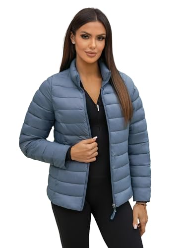 OZONEE Damen Übergangsjacke Regenjacke Jacke Übergang Jacken Herbst Bomberjacke Stehkragen Kapuze Steppjacke Kapuzenjacke Leichte Outdoor Puffer Jacket Gepolstert 777/8874K STAHLBLAU S von OZONEE
