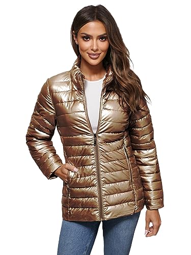 OZONEE Damen Übergangsjacke Regenjacke Jacke Übergang Jacken Herbst Bomberjacke Stehkragen Kapuze Steppjacke Kapuzenjacke Leichte Outdoor Puffer Jacket Gepolstert 777/9565K/84 GOLD S von OZONEE