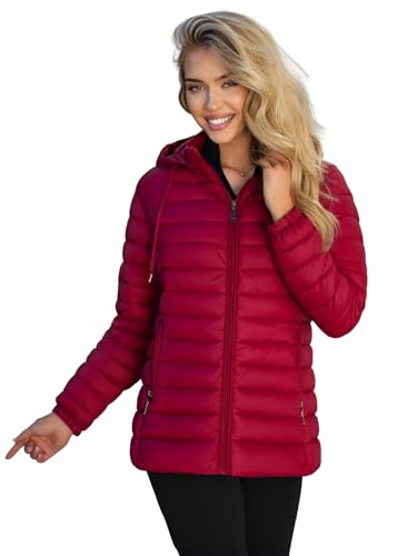 OZONEE Damen Übergangsjacke Regenjacke Jacke Übergang Jacken Herbst Bomberjacke Stehkragen Kapuze Steppjacke Kapuzenjacke Leichte Outdoor Puffer Jacket Gepolstert 777/9679K/06 WEINROT L von OZONEE