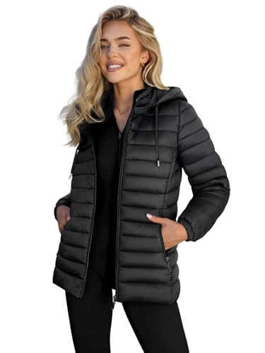 OZONEE Damen Übergangsjacke Regenjacke Jacke Übergang Jacken Herbst Bomberjacke Stehkragen Kapuze Steppjacke Kapuzenjacke Leichte Outdoor Puffer Jacket Gepolstert 777/9679K/392 SCHWARZ S von OZONEE
