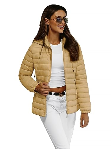 OZONEE Damen Übergangsjacke Regenjacke Jacke Übergang Jacken Herbst Bomberjacke Stehkragen Kapuze Steppjacke Kapuzenjacke Leichte Outdoor Puffer Jacket Gepolstert 777/9744K/254 BEIGE S von OZONEE