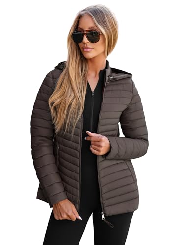 OZONEE Damen Übergangsjacke Regenjacke Jacke Übergang Jacken Herbst Bomberjacke Stehkragen Kapuze Steppjacke Kapuzenjacke Leichte Outdoor Puffer Jacket Gepolstert JS/11Z8228Z BRAUN-GRAU L von OZONEE