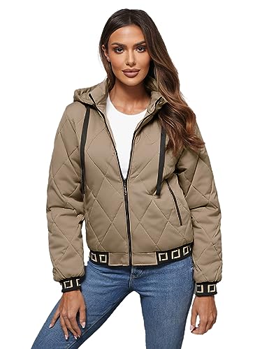 OZONEE Damen Übergangsjacke Regenjacke Jacke Übergang Jacken Herbst Bomberjacke Stehkragen Kapuze Steppjacke Kapuzenjacke Leichte Outdoor Puffer Jacket Gepolstert JS/16M9086Z/84 BEIGE S von OZONEE