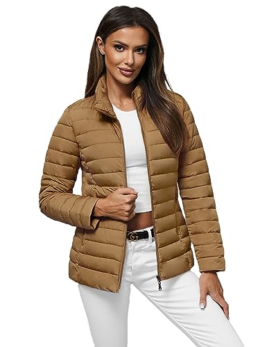 OZONEE Damen Übergangsjacke Regenjacke Jacke Übergang Jacken Herbst Bomberjacke Stehkragen Kapuze Steppjacke Kapuzenjacke Leichte Outdoor Puffer Jacket Gepolstert JS/16M9109Z/84 DUNKELBEIGE S von OZONEE