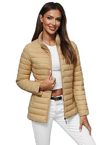 OZONEE Damen Übergangsjacke Regenjacke Jacke Übergang Jacken Herbst Bomberjacke Stehkragen Kapuze Steppjacke Kapuzenjacke Leichte Outdoor Puffer Jacket Gepolstert JS/16M9111Z/254 BEIGE S von OZONEE