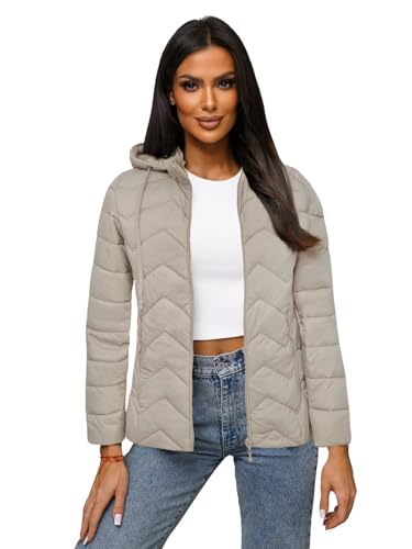 OZONEE Damen Übergangsjacke Regenjacke Jacke Übergang Jacken Herbst Bomberjacke Stehkragen Kapuze Steppjacke Kapuzenjacke Leichte Outdoor Puffer Jacket Gepolstert JS/16M9232Z/62 BEIGE S von OZONEE