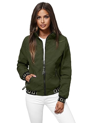 OZONEE Damen Übergangsjacke Regenjacke Jacke Übergang Jacken Herbst Bomberjacke Stehkragen Kapuze Steppjacke Kapuzenjacke Leichte Outdoor Puffer Jacket Gepolstert JS/5M3161Z/136 DUNKELGRÜN S von OZONEE