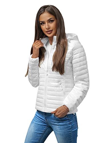 OZONEE Damen Übergangsjacke Regenjacke Jacke Übergang Jacken Herbst Bomberjacke Stehkragen Kapuze Steppjacke Kapuzenjacke Leichte Outdoor Puffer Jacket Gepolstert O/H117Z WEIß M von OZONEE