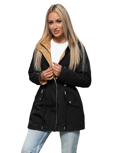 OZONEE Damen Wendejacke Parka Wendbare Jacke Übergangsjacke Regenjacke Übergang Jacken Herbst Funktionsparka Mantel Kapuze Kapuzenjacke Leichte Doppelseitig Jacket 777/4426K/392B SCHWARZ/2 M von OZONEE