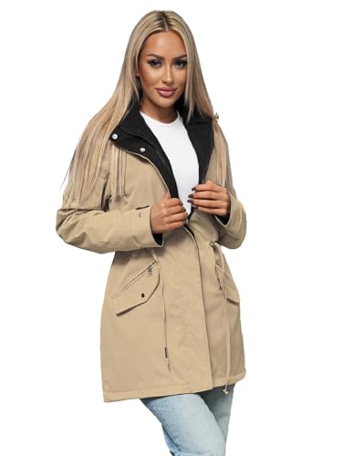 OZONEE Damen Wendejacke Parka Wendbare Jacke Übergangsjacke Regenjacke Übergang Jacken Herbst Funktionsparka Mantel Kapuze Kapuzenjacke Leichte Doppelseitig Jacket 777/4426K/62 BEIGE S von OZONEE