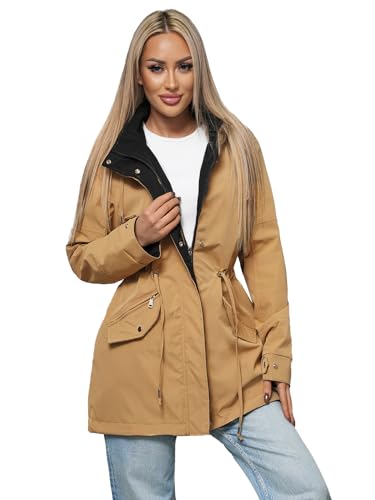 OZONEE Damen Wendejacke Parka Wendbare Jacke Übergangsjacke Regenjacke Übergang Jacken Herbst Funktionsparka Mantel Kapuze Kapuzenjacke Leichte Doppelseitig Jacket 777/4426K/84 CAMEL L von OZONEE