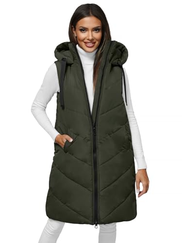 OZONEE Damen Weste Steppweste Kapuze Vest Ärmellos Jacke Übergangs Daunenweste Damenweste Steppweste Sportweste Übergangsjacke Bodywarmer Längere Outdoor 777/1752KA/136 DUNKELGRÜN S von OZONEE