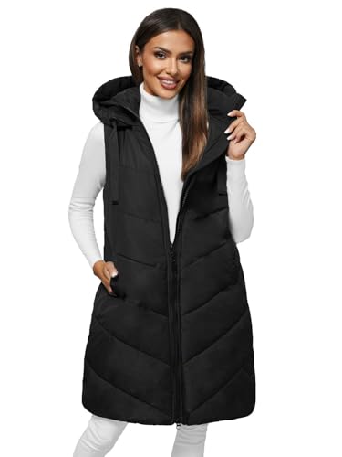 OZONEE Damen Weste Steppweste Kapuze Vest Ärmellos Jacke Übergangs Daunenweste Damenweste Steppweste Sportweste Übergangsjacke Bodywarmer Längere Outdoor 777/1752KA/392 SCHWARZ S von OZONEE