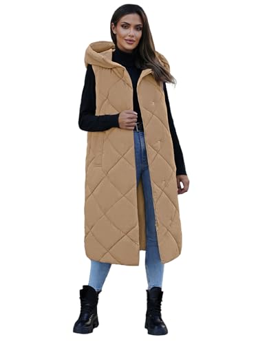 OZONEE Damen Weste Steppweste Kapuze Vest Ärmellos Jacke Übergangs Daunenweste Damenweste Steppweste Sportweste Übergangsjacke Bodywarmer Längere Outdoor 777/2290KA/84 CAMEL S von OZONEE
