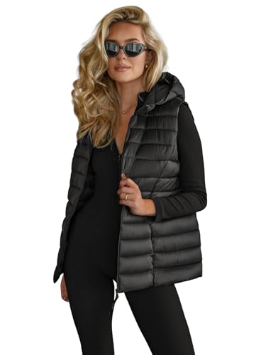 OZONEE Damen Weste Steppweste Kapuze Vest Ärmellos Jacke Übergangs Daunenweste Damenweste Steppweste Sportweste Übergangsjacke Bodywarmer Längere Outdoor 777/4916KA SCHWARZ M von OZONEE