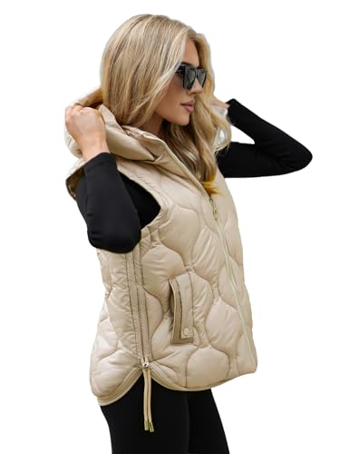 OZONEE Damen Weste Steppweste Kapuze Vest Ärmellos Jacke Übergangs Daunenweste Damenweste Steppweste Sportweste Übergangsjacke Bodywarmer Längere Outdoor 777/5016KA/62 BEIGE M von OZONEE