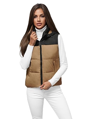 OZONEE Damen Weste Steppweste Kapuze Vest Ärmellos Jacke Übergangs Daunenweste Damenweste Steppweste Sportweste Übergangsjacke Bodywarmer Längere Outdoor 777/5592KA/84 CAMEL S von OZONEE