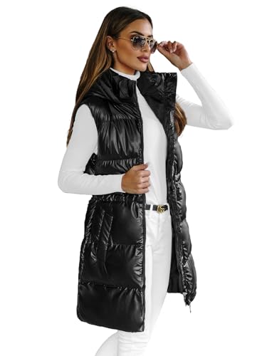 OZONEE Damen Weste Steppweste Kapuze Vest Ärmellos Jacke Übergangs Daunenweste Damenweste Steppweste Sportweste Übergangsjacke Bodywarmer Längere Outdoor 777/5593KA/392 SCHWARZ L von OZONEE