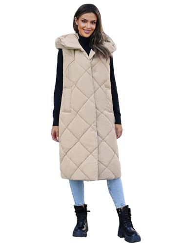 OZONEE Damen Weste Steppweste Kapuze Vest Ärmellos Jacke Übergangs Daunenweste Damenweste Steppweste Sportweste Übergangsjacke Bodywarmer Längere Outdoor 777/8454KA/62 BEIGE S von OZONEE