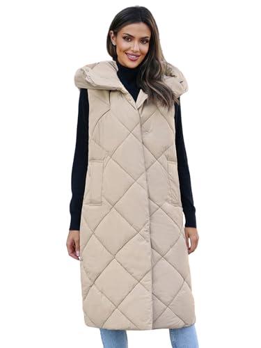 OZONEE Damen Weste Steppweste Kapuze Vest Ärmellos Jacke Übergangs Daunenweste Damenweste Steppweste Sportweste Übergangsjacke Bodywarmer Längere Outdoor 777/8454KA/62 BEIGE S von OZONEE
