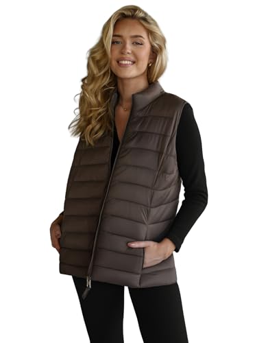 OZONEE Damen Weste Steppweste Kapuze Vest Ärmellos Jacke Übergangs Daunenweste Damenweste Steppweste Sportweste Übergangsjacke Bodywarmer Längere Outdoor JS/11Z8223Z BRAUN/GRAU M von OZONEE