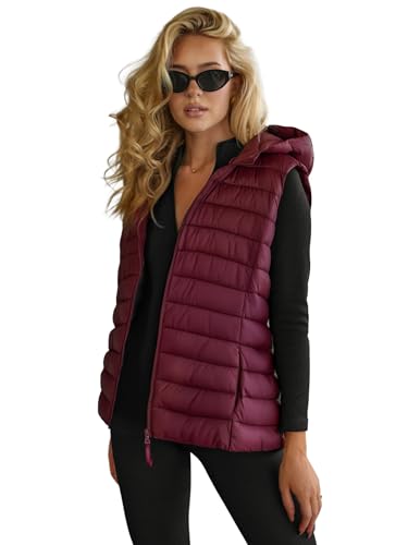 OZONEE Damen Weste Steppweste Kapuze Vest Ärmellos Jacke Übergangs Daunenweste Damenweste Steppweste Sportweste Übergangsjacke Bodywarmer Längere Outdoor JS/11Z8225Z WEINROT L von OZONEE