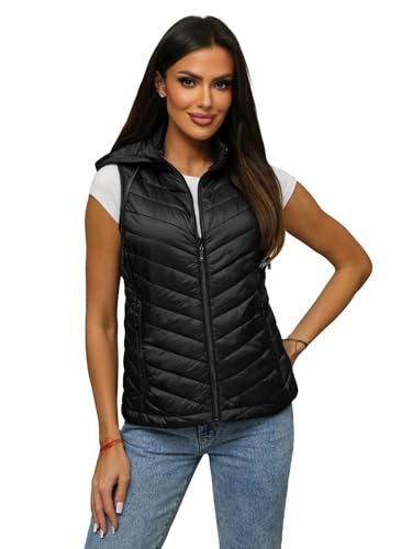 OZONEE Damen Weste Steppweste Kapuze Vest Ärmellos Jacke Übergangs Daunenweste Damenweste Steppweste Sportweste Übergangsjacke Bodywarmer Längere Outdoor JS/16M9255Z/392 SCHWARZ L von OZONEE