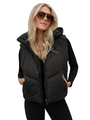 OZONEE Damen Weste Steppweste Kapuze Vest Ärmellos Jacke Übergangs Daunenweste Damenweste Steppweste Sportweste Übergangsjacke Bodywarmer Längere Outdoor JS/16M9291Z/392 SCHWARZ L von OZONEE