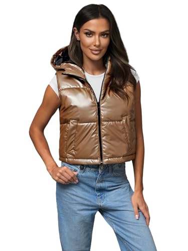 OZONEE Damen Weste Steppweste Kapuze Vest Ärmellos Jacke Übergangs Daunenweste Damenweste Steppweste Sportweste Übergangsjacke Bodywarmer Längere Outdoor JS/5M3190Z/84 GOLDEN XL von OZONEE