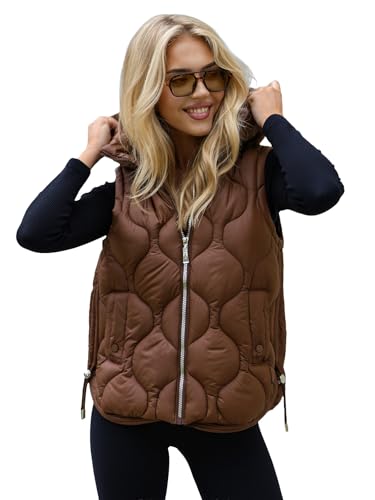 OZONEE Damen Weste Steppweste Kapuze Vest Ärmellos Jacke Übergangs Daunenweste Damenweste Steppweste Sportweste Übergangsjacke Bodywarmer Längere Outdoor JS/5M3235Z/158 SCHOKOLADE S von OZONEE