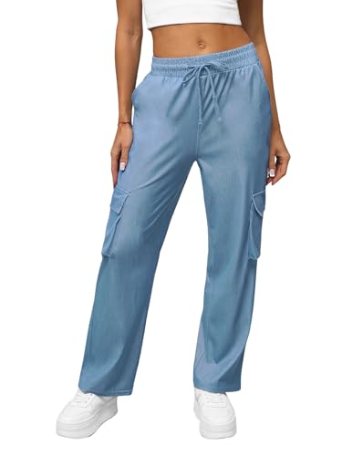 OZONEE Damen Wide Leg Jeans Sommerhose Relaxed Denim Leichte Gerade Geschnitten Weite Hose Sommer Palazzo Culotte Haremshose Lang Hüfthoch Pants Baggy O/HGM6610Z BLAU S/M von OZONEE
