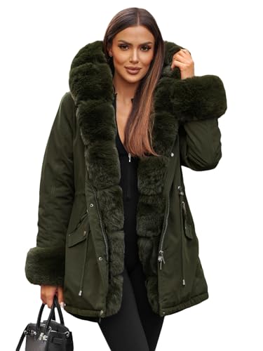 OZONEE Damen Winterjacke Jacke Winter Farbvarianten Warm Bomberjacke Steppjacke Wintermantel Kunstfell Daunenjacke Leichte Outdoor Puffer Jacket Gepolstert 777/3171K/136 GRÜN L von OZONEE