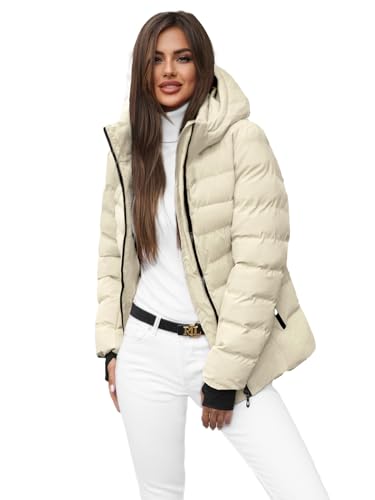 OZONEE Damen Winterjacke Jacke Winter Farbvarianten Warm Bomberjacke Steppjacke Wintermantel Kunstfell Daunenjacke Leichte Outdoor Puffer Jacket Gepolstert 777/3935KA/281 ECRU L von OZONEE