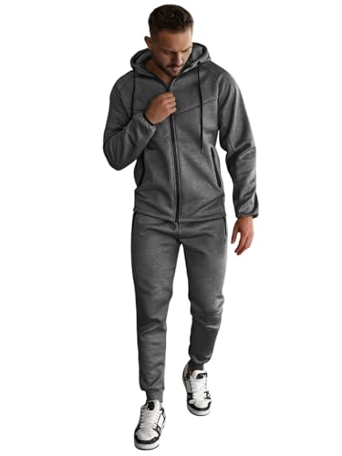 OZONEE Herren 2-Teilig Set Kapuzenpullover + Jogginghose Jogginganzug Sweatjacke Trainingshose Trainingsanzug Sportanzug Freizeitanzug Sport Anzug Tracksuit Fitnessanzug 777/6575DR/5 DUNKELGRAU XL von OZONEE