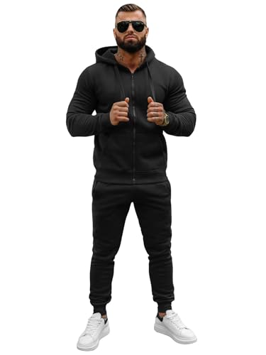 OZONEE Herren 2-Teilig Set Kapuzenpullover + Jogginghose Jogginganzug Sweatjacke Trainingshose Trainingsanzug Sportanzug Freizeitanzug Sport Anzug Tracksuit Fitnessanzug 777/7840DR/3 SCHWARZ M von OZONEE