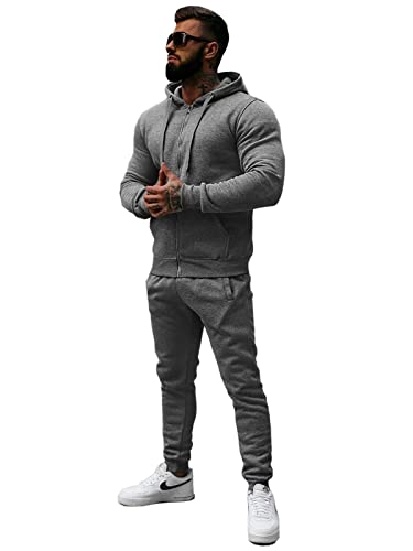 OZONEE Herren 2-Teilig Set Kapuzenpullover + Jogginghose Jogginganzug Sweatjacke Trainingshose Trainingsanzug Sportanzug Freizeitanzug Sport Anzug Tracksuit Fitnessanzug 777/9484DR/5 DUNKELGRAU M von OZONEE