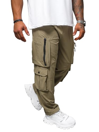 OZONEE Herren Cargohose Baggy Loose Fit Relaxed Taschen Cargo Hose Ranger Outdoorhose Stoffhose Weitem Bein Casual O/PS5527Z Dunkelbeige S von OZONEE