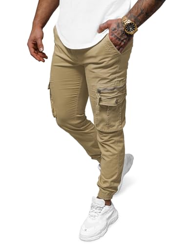 OZONEE Herren Chino Hose Chinos Lang Stoffhose Jogger Chinohose Pants Cargohose Cargo Freizeithose Arbeitshose Sporthose Slim Fit Regular Casual Stretch Taschen NB/MP0201KZ BEIGE L von OZONEE